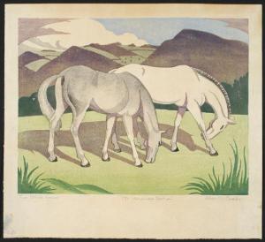 Two white horses linocut Alice Coats